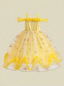 女童网纱蕾丝露肩吊带公主裙，优雅大方，适合派对穿着，不含头饰 - 黃色 - 查看 2