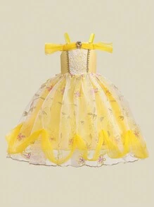 女童网纱蕾丝露肩吊带公主裙，优雅大方，适合派对穿着，不含头饰 - 黃色 - 查看 4