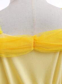 女童网纱蕾丝露肩吊带公主裙，优雅大方，适合派对穿着，不含头饰 - 黃色 - 查看 8