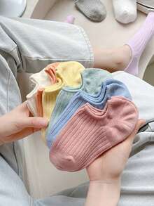 10 Pairs Random Color Women's Solid Color Simple Vertical Stripe Low-Cut Invisible Boat Socks