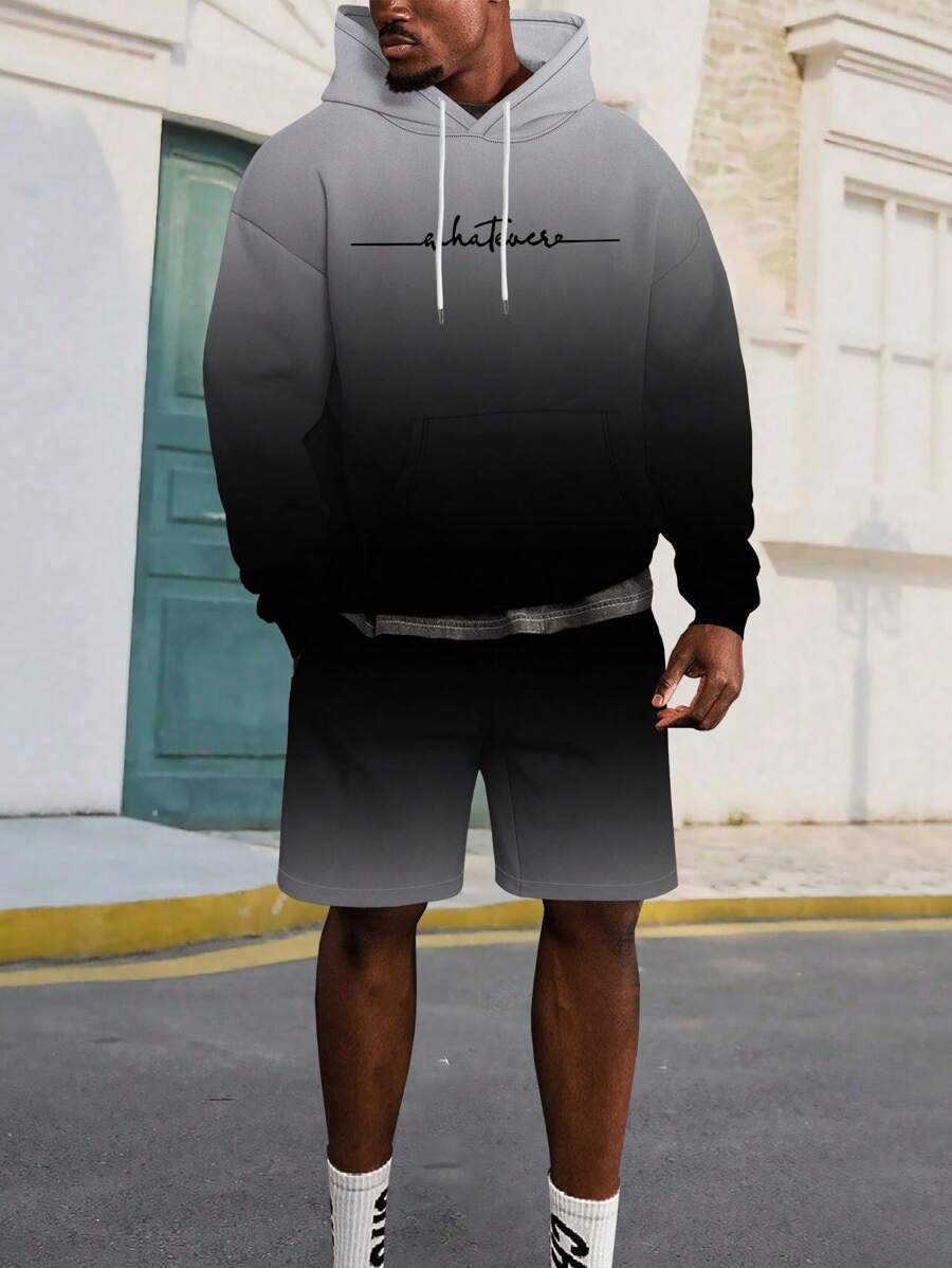 HANZUNPIN 2pcs Men Hooded Sweatshirt And Shorts Set, Relaxed Fit Crease-Resistant Streetwear Casual Sports Outfit With 3D Digital Printed Pattern And Kangaroo Pocket, Drawstring Hoodie And Sweatpants Tracksuit For Men - Black - View 1