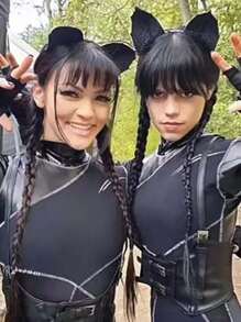 1 pieza/4 piezas Diadema de Halloween estilo Merlina Addams Orejas de gato con brillo Accesorios para el cabello Bruja - Negro - Ver 3