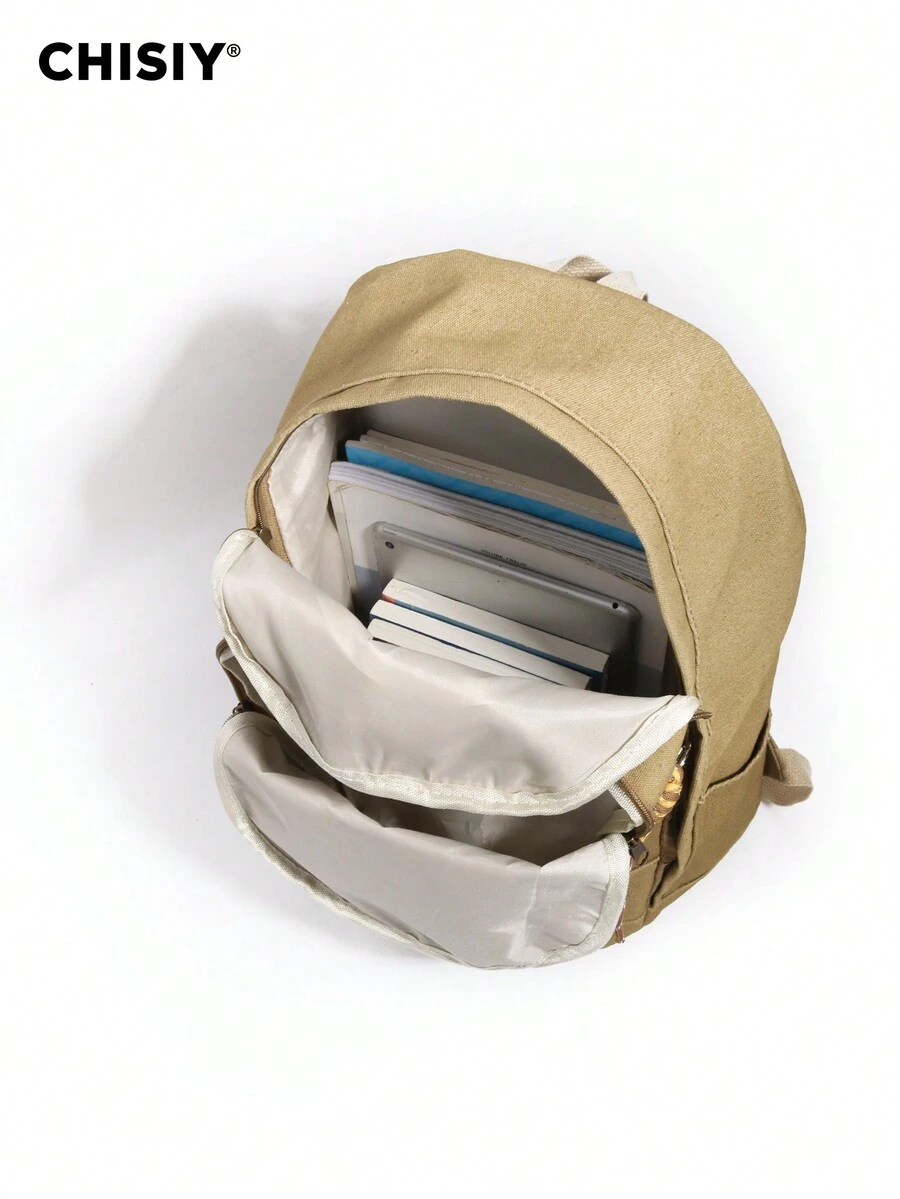 CHISIY 原创手工复古前卫休闲双拉链编织肩带吊坠胸针卡其色面料简约背包大容量，适合女学生、办公室女士、购物、徒步旅行、旅行，适合所有季节 - 卡其色 - 查看 1