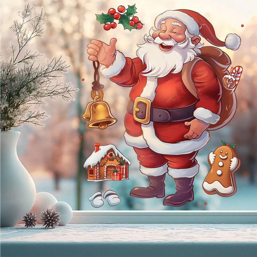 1pc New Christmas Cartoon Santa Claus & Gingerbread Man Glass Window Sticker, Holiday Decoration,Christmas
