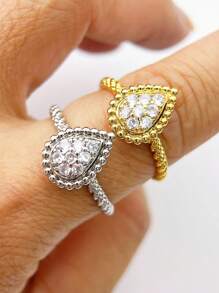 1 pieza Anillo abierto ajustable con gota de agua y cristal de fantasía bohemio, joya de mujer de oro y plata como regalo - anillo de gota de agua - Ver 12