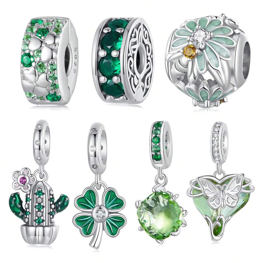 WOSTU 1pc 925 Sterling Silver Four-Leaf Clover Round Clip,Bee And Daisy Charm Bead,Green Cactus Flower & Lucky Four-Leaf Clover Pendant,Tree Of Life&Butterfly Pendant Inlaid Green Zirconia And Glass Fit Women DIY Bracelets And Necklace Fine Jewelry Making Valentines