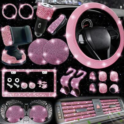 27pcs Bling Car Accessories Set For Women, Bling Steering Wheel Covers Universal Fit 15 Inch, Bling License Plate Frame, Phone Holder, Car Coasters,Car Women Accessories