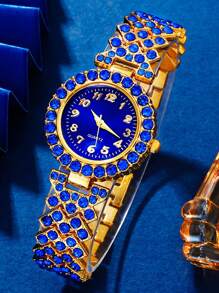 6pcs Women's Watch Set, Minimalist Luxury Blue Crystal Rhinestone Numeral Ladies Alloy Bracelet Watch, Alloy Blue Bracelet Necklace Earrings Ring Watch Bracelet Jewelry Set, Suitable For Daily Occasions, Gift For Mother - Multicolor - View 2