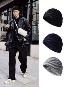 1pc Unisex Knitted Beanie Hat Short No Brim Reversible Warm Cap - Multicolor - View 1