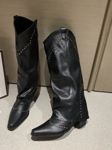 秋冬优雅女士时尚靴 - 经典套脚高跟铆钉西部靴，黑色高跟踝靴，棕色高跟踝靴，搭配连帽衫的理想之选，英伦风女靴，适合搭配牛仔裙等户外服饰，时尚百搭，可与毛衣、牛仔靴、女牛仔靴以及科切拉音乐节等场合穿着。 - 黑色 - 查看 6