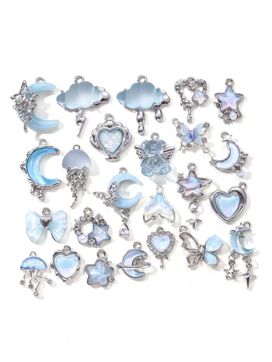 10/20pcs Random Blue Tone Ocean Colored Rhinestone Cross & Heart Shaped Pendant DIY Necklace Bracelet Jewelry Gift For Women