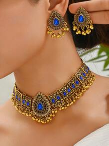 1pc Vintage Rhinestone Peacock Necklace And 1 Pair Earrings Women Jewelry Set