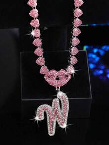 LIGHTSOME 1 件装 男女款冰晶链 嘻哈字母吊坠项链 唇口饰品 吊坠 珠宝礼物 适合女孩 - silvery-pink - 查看 28