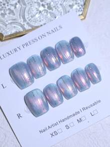 10 piezas Tails de sirena y hadas. Uñas postizas de punta de ataúd cortas 100% hechas a mano con efecto ojo de gato mágico de Aurora, de color desnudo y azul. Consejos de pegatinas de uñas reutilizables para decoración de uñas y suministros de uñas uñas falsas uña falsa uña acrílica
