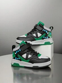 1 双儿童高帮运动鞋,PU 皮革运动鞋,适合室内和室外休闲跑步,易穿轻便防滑透气舒适,适合男孩和女孩的时尚校园风格,圣诞元素 - 綠色 - 查看 3