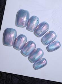 10 piezas Tails de sirena y hadas. Uñas postizas de punta de ataúd cortas 100% hechas a mano con efecto ojo de gato mágico de Aurora, de color desnudo y azul. Consejos de pegatinas de uñas reutilizables para decoración de uñas y suministros de uñas uñas falsas uña falsa uña acrílica