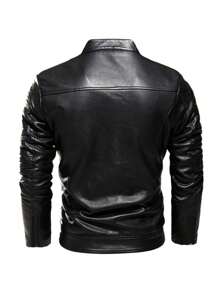 Classic Men's Leather Cold Weather Jacket - 黑色 - 查看 2