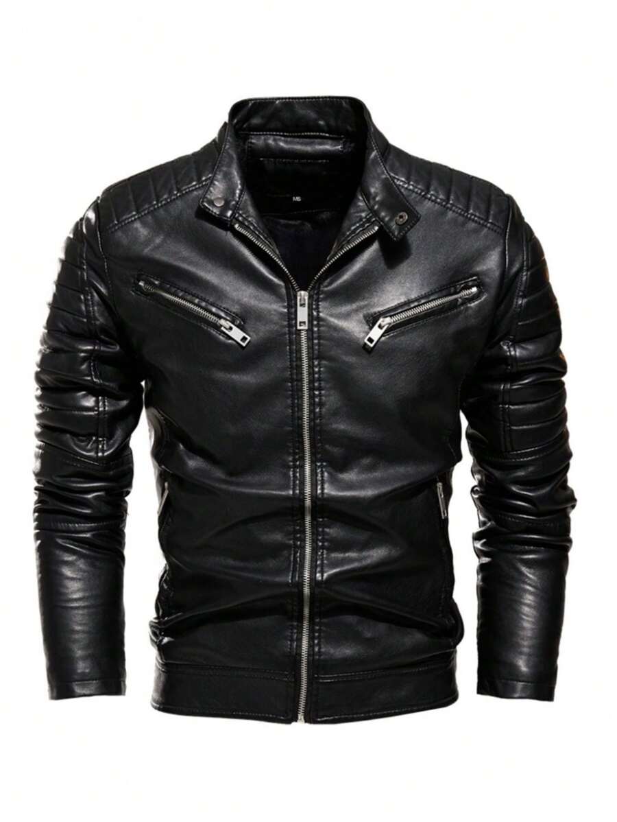 Classic Men's Leather Cold Weather Jacket - 黑色 - 查看 1