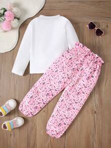 2pcs Young Girl Casual Heart Printed Long Sleeve Top And Pants Set, Autumn - White - View 2