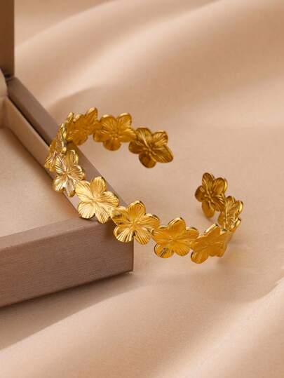 1 Pc Fashion Flower Link Open Bracelet For Women Gold Color Geometric Leaves Bracelet Summer Travel Party Birthday Gift
