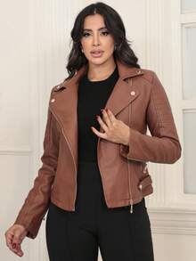 Women's Leather Jacket Collar Blazer Winter Fashion - Rust Brown - View 1