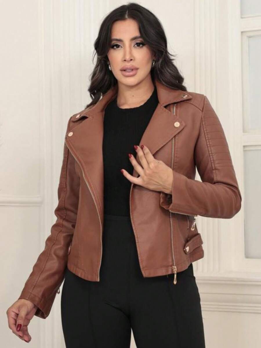 Women's Leather Jacket Collar Blazer Winter Fashion - Rust Brown - View 1