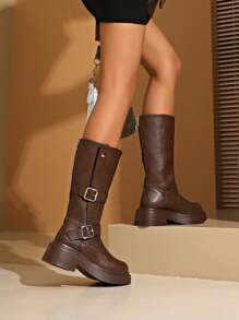 SHIHUA Mid-Calf Knight Boots For Women, New Autumn/Winter Buckle Strap High Shaft Spring/Autumn Thick Sole Over-The-Knee Boots, Chunky Heel Knight Boots For Women, New Autumn/Winter Mid-Heel High Shaft Boots - Khaki - View 1