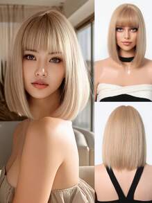 自然舒适的短款直发假发，金色刘海，12 英寸合成耐热纤维，非常适合日常佩戴，逼真的假发。
