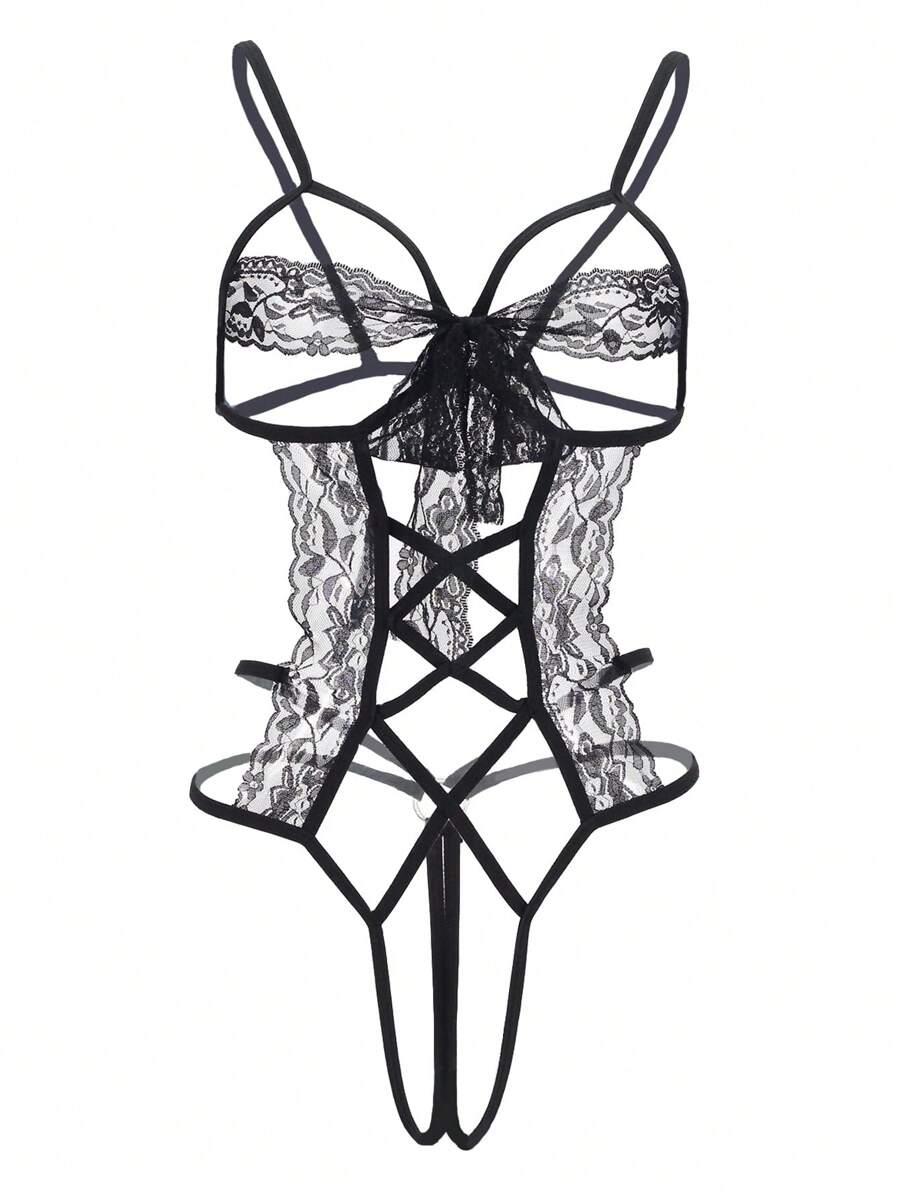 一件蕾丝腰部蝴蝶结性感连体衣，露背设计，带有束缚元素，非常适合情人节、周年纪念日、约会、送礼、蜜月，打造性感造型