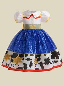 女童亮片缎面泡泡袖优雅连衣裙，适合派对场合，不含发带 - 藍色 - 查看 4