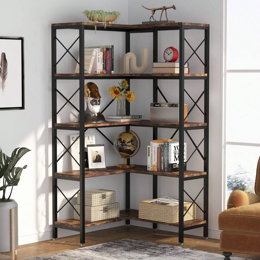 Tribesigns 5-Tier Corner Bookshelf, Large Modern Corner Shelf, 167.5 Cm Tall Corner Bookcase Storage Display Rack With Metal Frame For Living Room Home Office - Brown - View 1