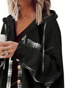 Chaqueta informal de manga larga con botones delanteros, color liso y parches de cuadros escoceses, para uso diario