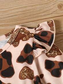 女婴可爱蝴蝶结领豹纹长袖上衣和黑色裤子，秋冬 - 黑色 - 查看 5