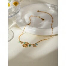 Uworld 1 件 18k 镀金轻奢设计不锈钢贝壳星星带水钻蓝色天体石吊坠项链 BOHO 脚链夏季手链套装女士高品质防水不褪色珠宝适合日常佩戴 - 金黃色 - 查看 10