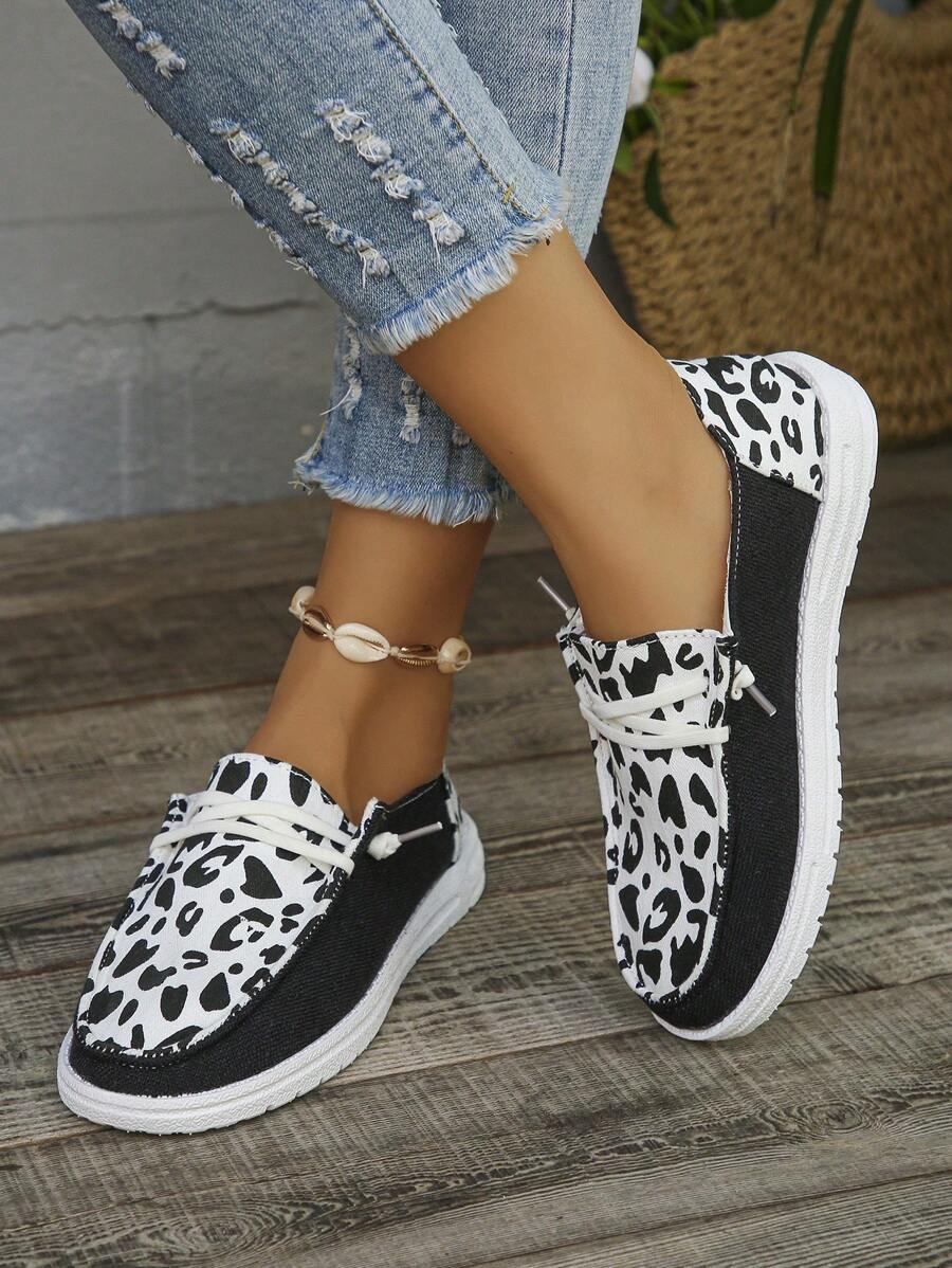 Tênis esportivo casual feminino confortável, antiderrapante, simples, respirável, bico redondo, cano baixo, com cadarço, preto, atlético, com estampa e textura aleatórias, para estudantes, nova coleção de outono - Combinação de cores preto e branco - Ver 1