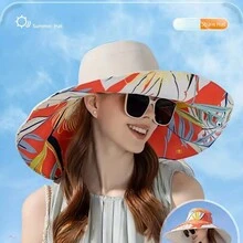 A Summer Wide Brim Women's Hat Elegant Flower Print Double Sided Sun Hat Breathable Bunny Outdoor Travel Beach Bucket Hat Women Daily Use - Multicolor - View 9