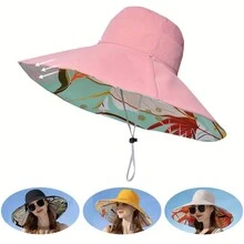 A Summer Wide Brim Women's Hat Elegant Flower Print Double Sided Sun Hat Breathable Bunny Outdoor Travel Beach Bucket Hat Women Daily Use - Multicolor - View 12
