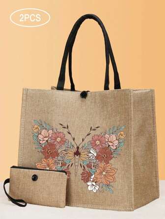 2pcs Butterfly Printed Tote Bag, Printed Tote Bag Set, Lightweight Large Capacity Tote Bag, Reusable Burlap Shopping Bag, Portable Travel Beach Bag With Makeup Bag, Birthday Gift, Teacher's Day, Nurse's Day, Birthday, Anniversary, Best Gift