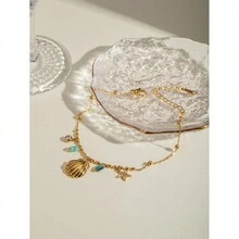 Uworld 1 件 18k 镀金轻奢设计不锈钢贝壳星星带水钻蓝色天体石吊坠项链 BOHO 脚链夏季手链套装女士高品质防水不褪色珠宝适合日常佩戴 - 金黃色 - 查看 9