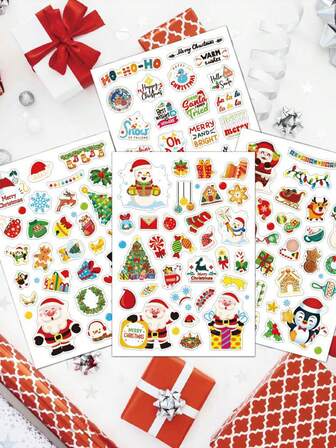 100pcs/Set Christmas Sticker Set, Cartoon Santa Claus Gift Stickers For Kids, DIY Party Decoration Christmas Stickers, Girls Sticker Album, Expression Stickers, No-Cut Stickers, Cute Style Stickers, Cute Character Stickers