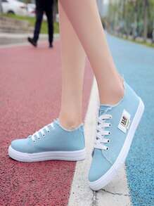 Zapatillas Informales Cómodas Y Personalizadas De Lona Plana Para Mujeres,Tenis de lona para mujer, sin cordones, color blanco deslavado y estampado de leopardo, sin cordones, a la moda,Clásicas, Suaves, Cómodas y Elegantes Zapatillas Planas de Lona para Mujer con Cordones y Diseño de Borlas en el Lateral para Llevar al Aire Libre,Zapatillas de lona de media altura para, estilo coreano de primavera/otoño, zapatos informales deportivos de bajo perfil unisex, zapatillas clásicas de lona de alta altura, zapatillas de moda y versátiles - Azul - Ver 5