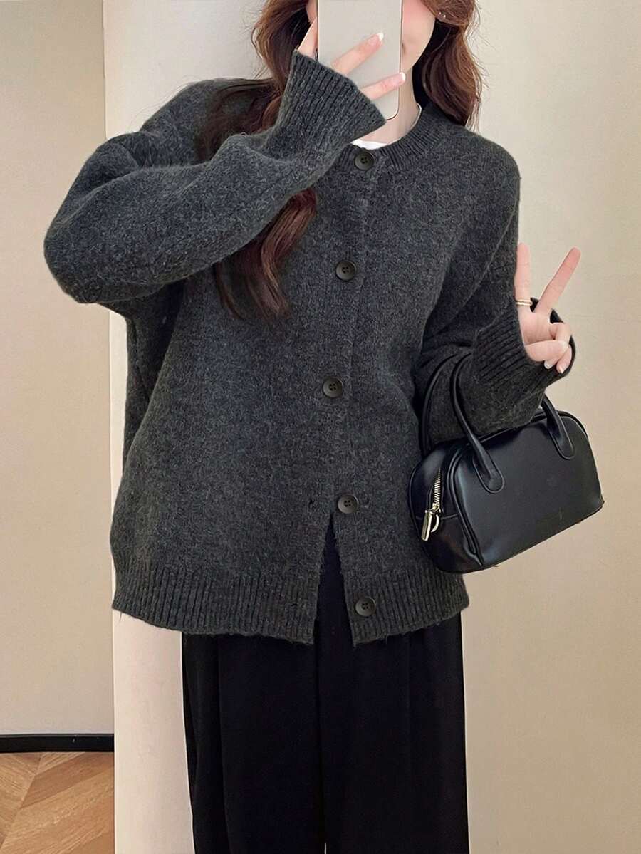 女士简约休闲纯色开衫、长袖上衣 - 深灰色 - 查看 1