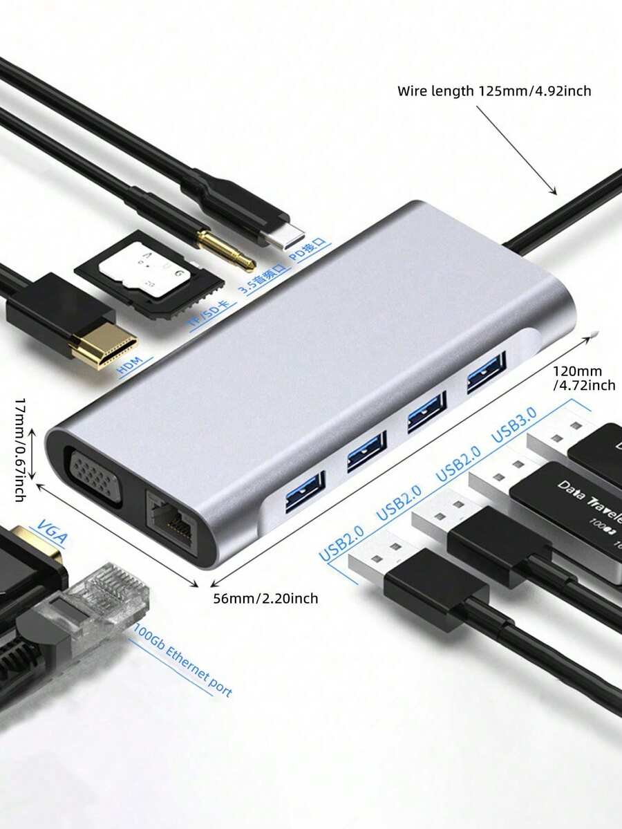 USB C Hub, USB C Docking Station, 11 In 1 Type-C Docking Station ,PD Port,HDM,USB 3.0 Hundred Megabit Ethernet Port,TF/SD Card,3.5mm Audio Port,VGA Bigger And Clearer Screen,Data Transfer,USB3.0 High Speed Transmission Hub ,Desigend For  Pro,IPad Pro, 15 Pro/Pro Max Air HP XPS And Other Type C Devices - Grey - View 1