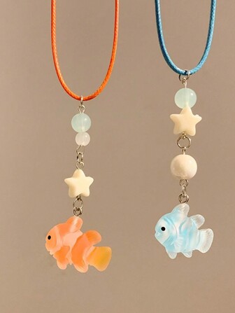 1 件幸运锦鲤 & 蓝鱼 & 海星串珠项链，可爱小众设计女士锁骨链