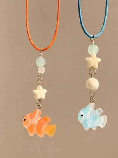 1 Stück Glückskarpfen & Blauer Fisch & Seestern Perlen Halskette, süßes spezielles Design Frauen Schlüsselbein Kette