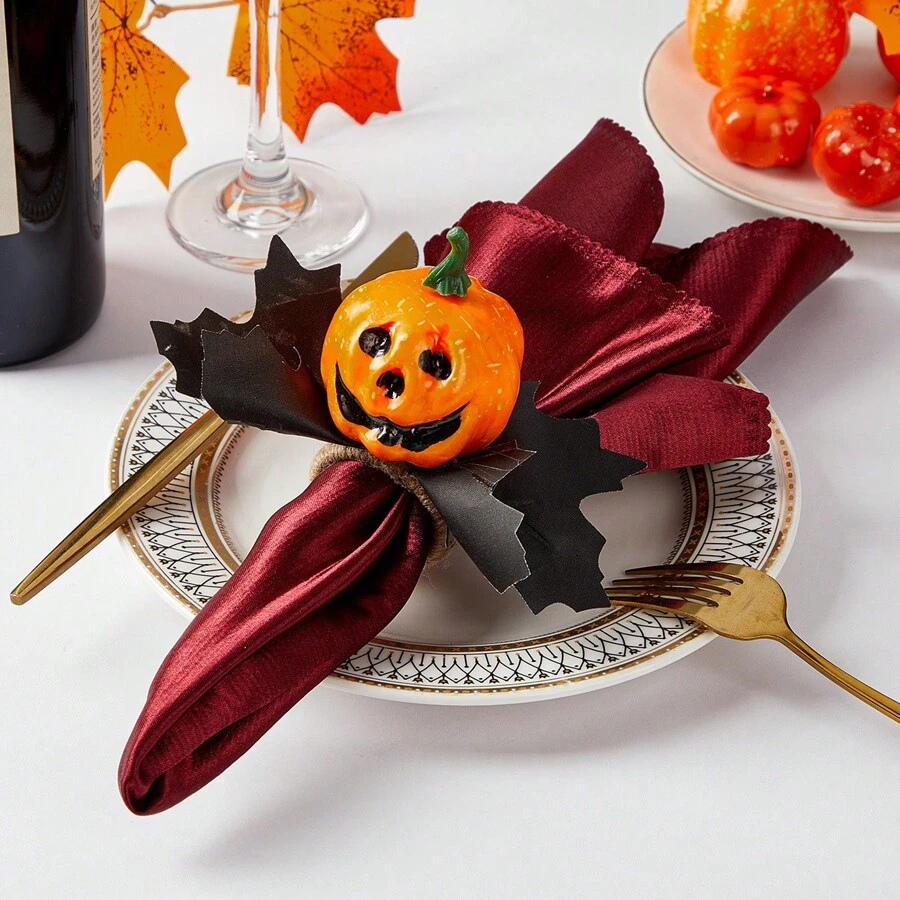 Horror Pumpkin Head Halloween Napkin Rings, Hotel Holiday Tabletop Decoration, Faux Maple Leaf Napkin Rings,Halloween Decor,Home Decor Halloween Party - Multicolor - View 1