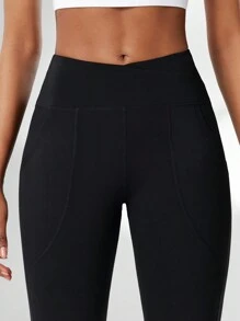 2pcs High Waist Yoga Pants Women Pocket Side Crossover Waist Tummy Control Slim Fit Quick Dry Workout Leggings Flare Leg Bootcut Trousers, Sports - Black - View 5