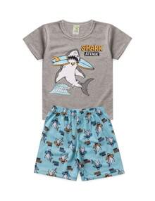 Pijama Infantil Masculino Verão Shark Attack - Hey Kids - Mescla