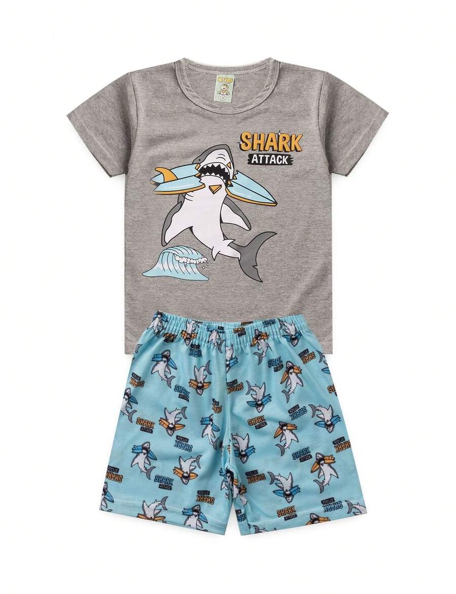 Pijama Infantil Masculino Verão Shark Attack - Hey Kids - Mescla