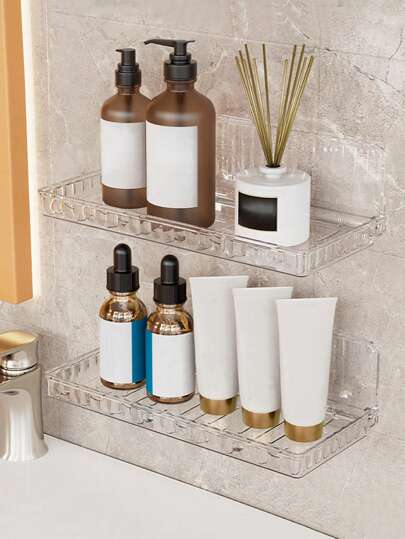 1 件透明浴室壁挂式收纳架，无需钻孔可折叠收纳架，浴室收纳盒，化妆品收纳，适用于梳妆台、浴室、淋浴间